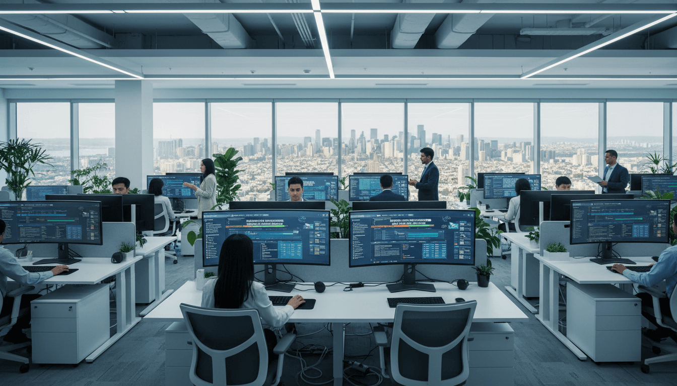 ClarityForge team members collaborating at workstations in bright modern office